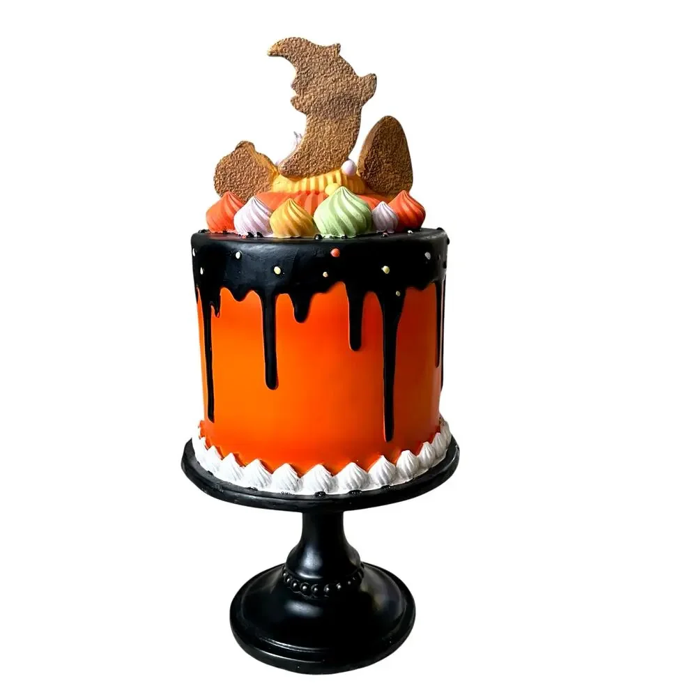 Ghoulish Halloween Candy Corn Ghost Cake Decor 13in Resin Black & Orange NEW